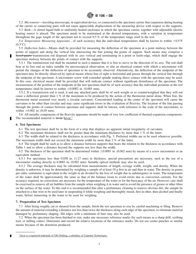 REDLINE ASTM B106-08 - Standard Test Methods for Flexivity of Thermostat Metals