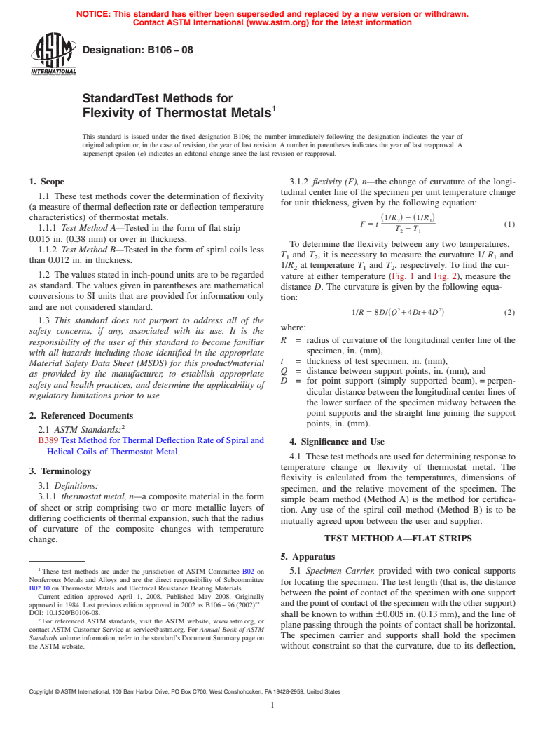 ASTM B106-08 - Standard Test Methods for Flexivity of Thermostat Metals