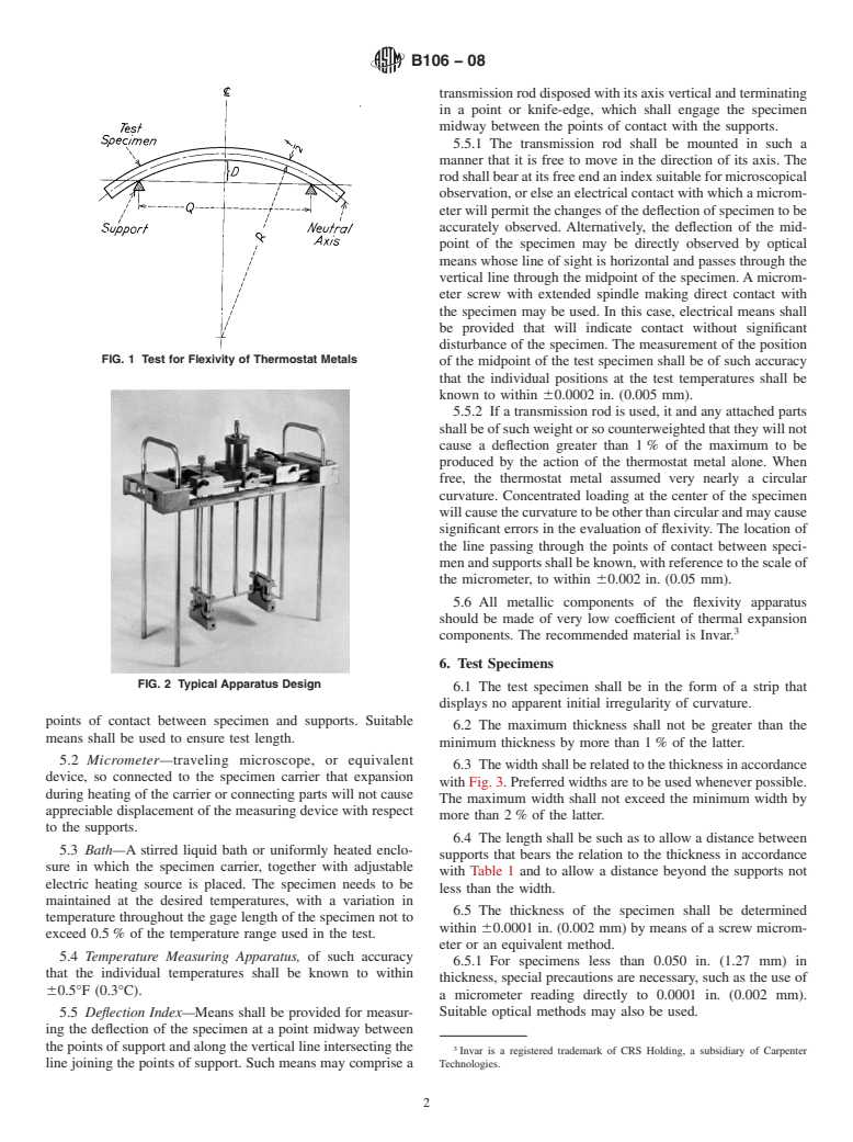 ASTM B106-08 - Standard Test Methods for Flexivity of Thermostat Metals