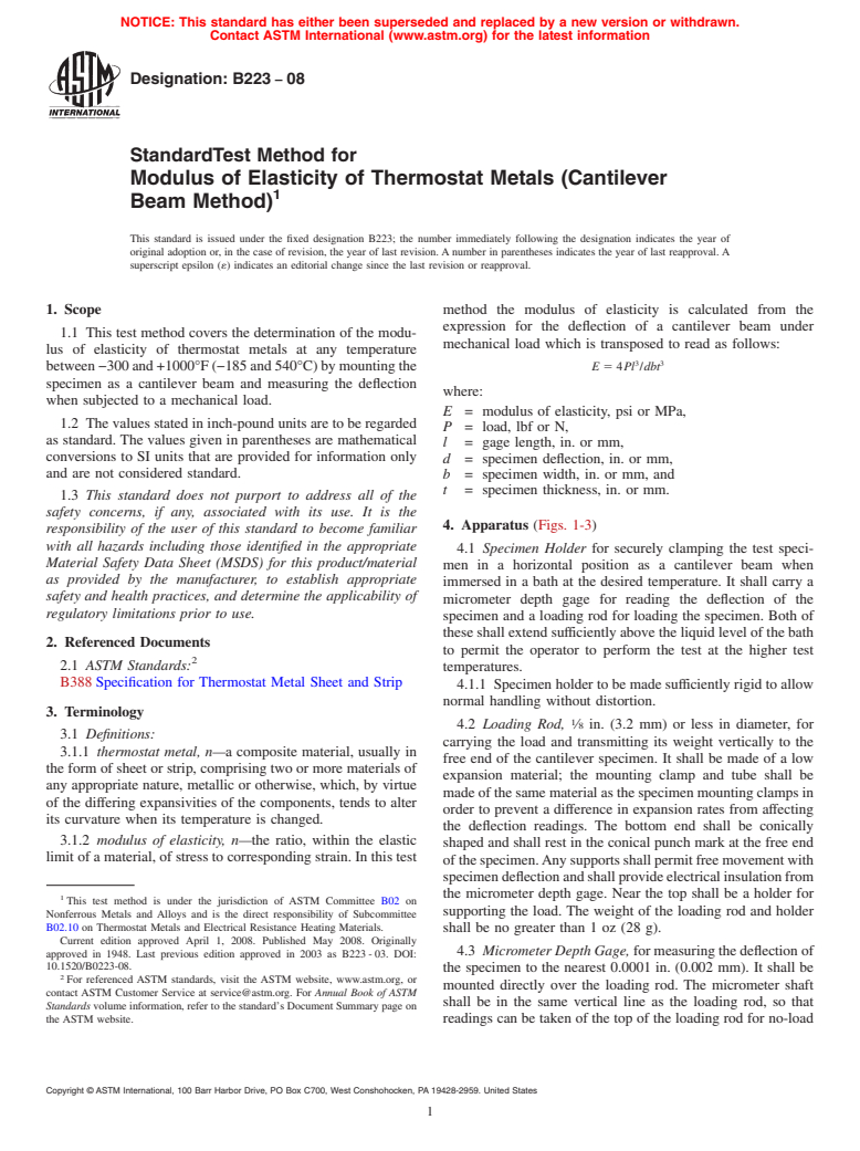 ASTM B223-08 - Standard Test Method for  Modulus of Elasticity of Thermostat Metals (Cantilever Beam Method)