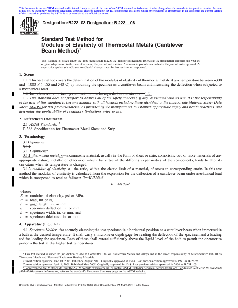 REDLINE ASTM B223-08 - Standard Test Method for  Modulus of Elasticity of Thermostat Metals (Cantilever Beam Method)