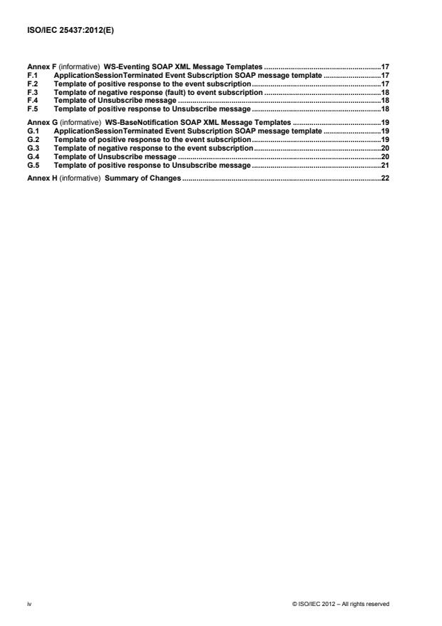 ISO/IEC 25437:2012 ISO/IEC 25437:2012 - Information technology -- Telecommunications and information exchange between systems -- WS-Session -- Web services for application session services - Page 4 preview