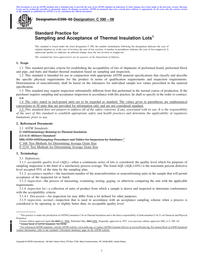 REDLINE ASTM C390-08 - Standard Practice for  Sampling and Acceptance of Thermal Insulation Lots