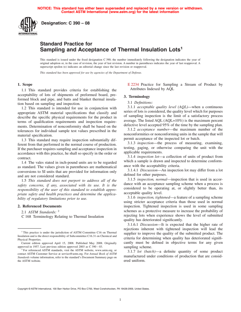 ASTM C390-08 - Standard Practice for  Sampling and Acceptance of Thermal Insulation Lots