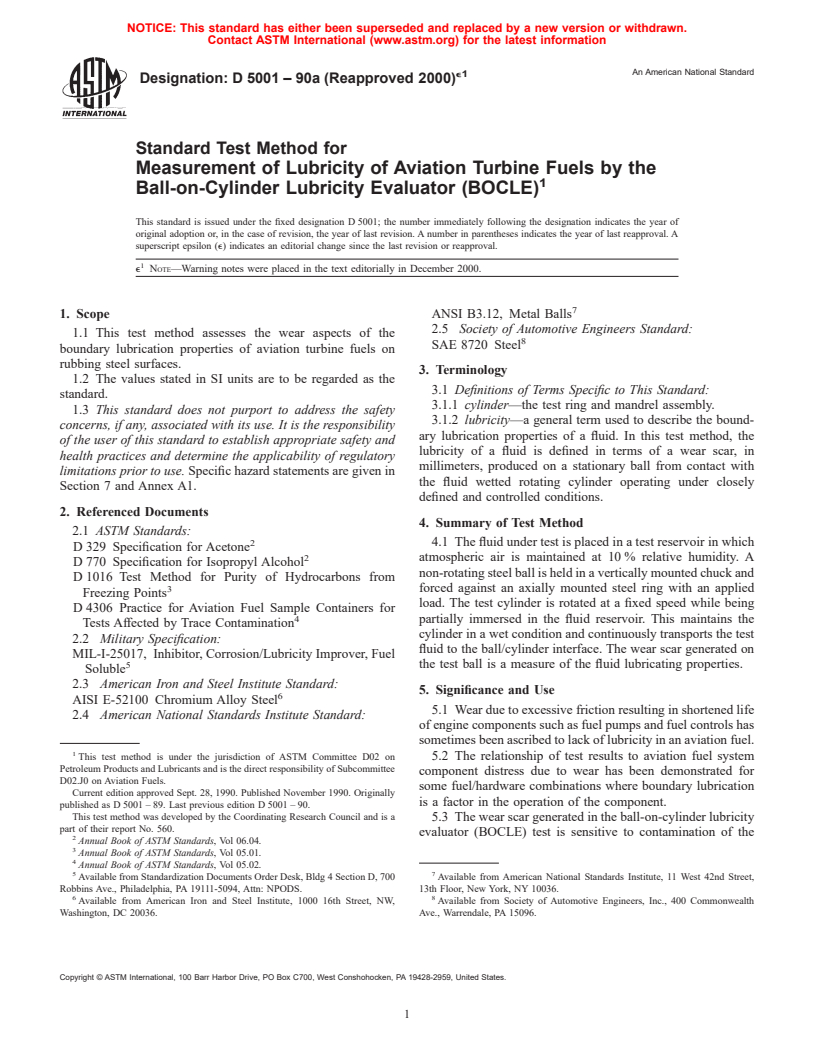 ASTM D5001-90a(2000)e1 - Standard Test Method for Measurement of Lubricity of Aviation Turbine Fuels by the Ball-on-Cylinder Lubricity Evaluator (BOCLE)