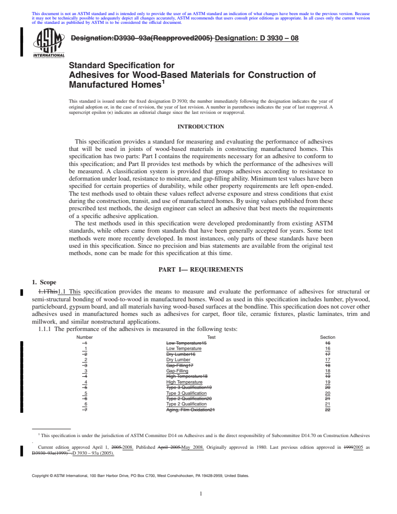 REDLINE ASTM D3930-08 - Standard Specification for  Adhesives for Wood-Based Materials for Construction of Manufactured       Homes