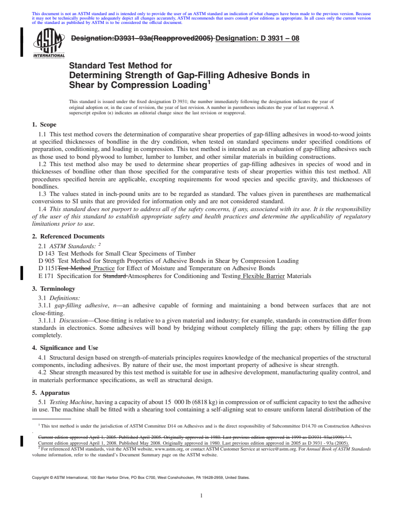 REDLINE ASTM D3931-08 - Standard Test Method for Determining Strength of Gap-Filling Adhesive Bonds in Shear by Compression    Loading