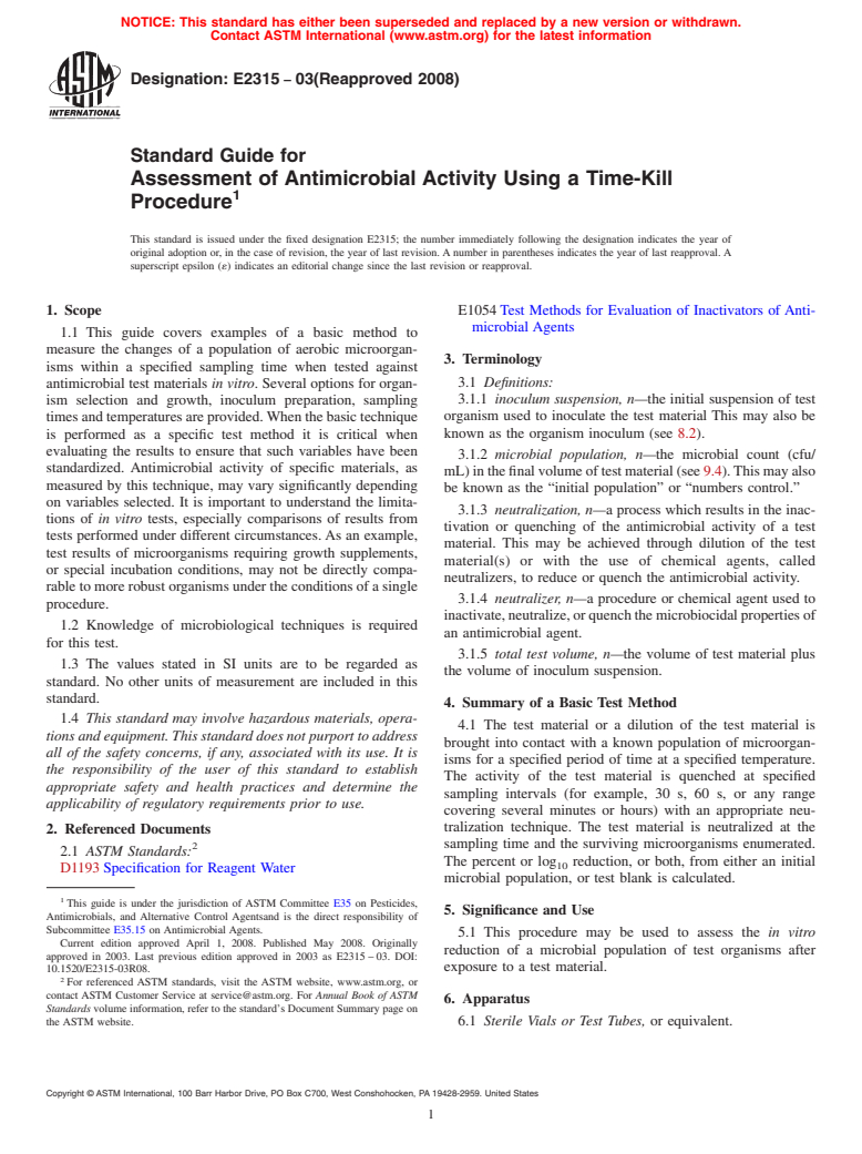 ASTM E2315-03(2008) - Standard Guide for Assessment of Antimicrobial Activity Using a Time-Kill Procedure