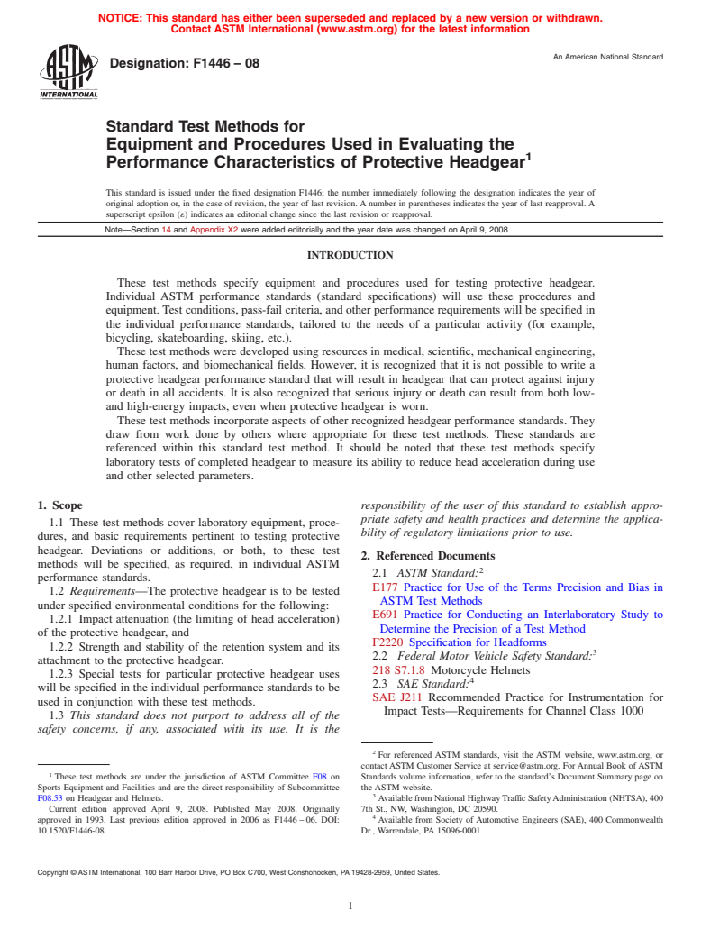 ASTM F1446-08 - Standard Test Methods for Equipment and Procedures Used in Evaluating the Performance Characteristics of Protective Headgear