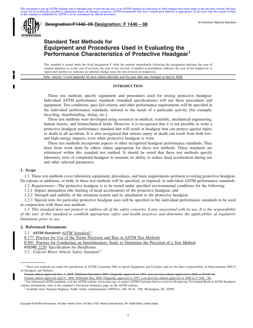 REDLINE ASTM F1446-08 - Standard Test Methods for Equipment and Procedures Used in Evaluating the Performance Characteristics of Protective Headgear