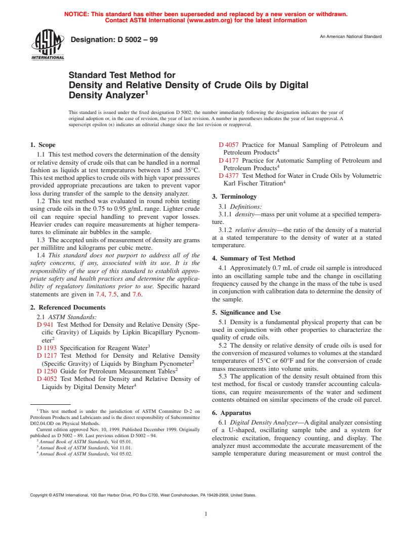 ASTM D5002-99 - Standard Test Method for Density and Relative Density of Crude Oils by Digital Density Analyzer