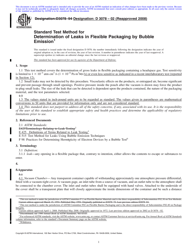 REDLINE ASTM D3078-02(2008) - Standard Test Method for Determination of Leaks in Flexible Packaging by Bubble Emission