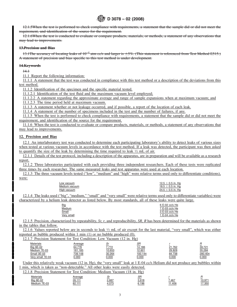 REDLINE ASTM D3078-02(2008) - Standard Test Method for Determination of Leaks in Flexible Packaging by Bubble Emission