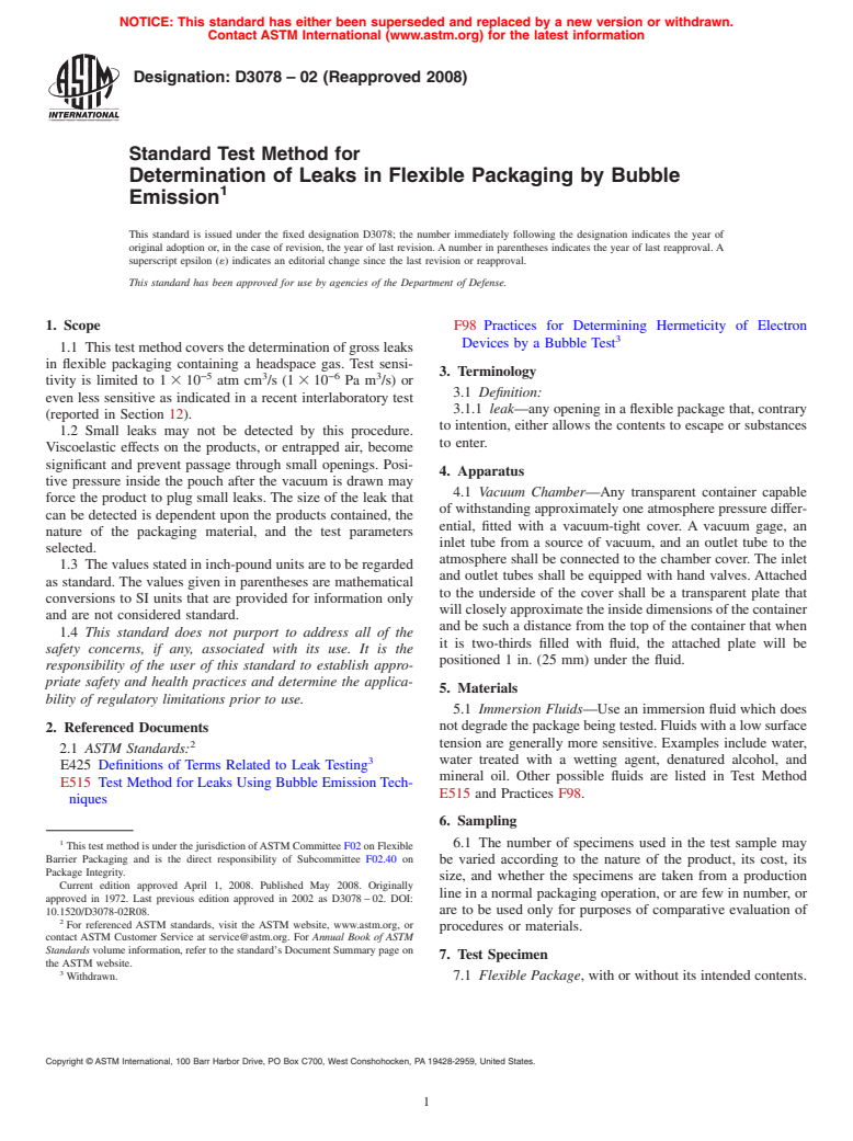 ASTM D3078-02(2008) - Standard Test Method for Determination of Leaks in Flexible Packaging by Bubble Emission