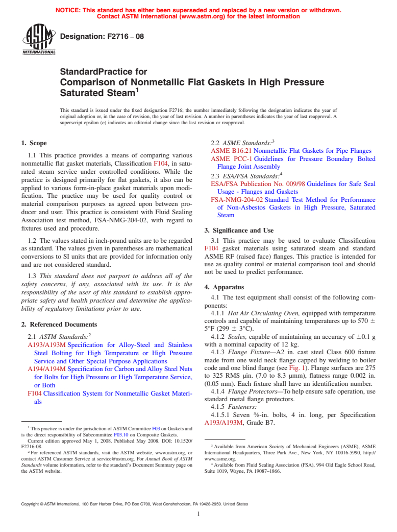 ASTM F2716-08 - Standard Practice for Comparison of Nonmetallic Flat Gaskets in High Pressure Saturated Steam