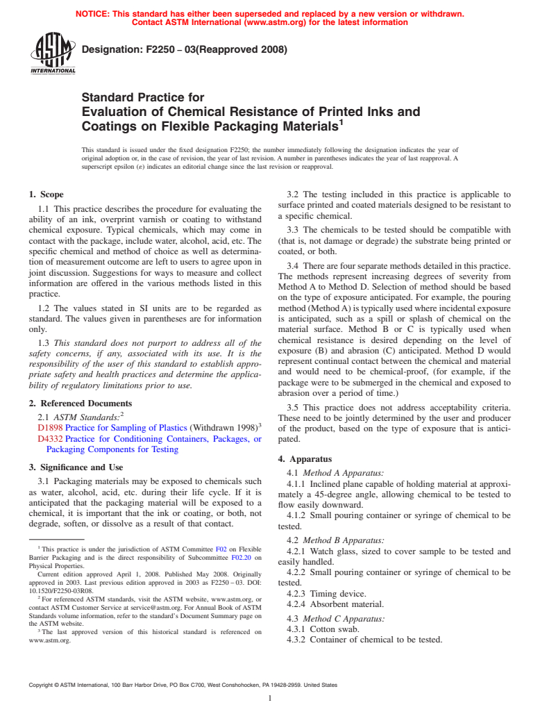 ASTM F2250-03(2008) - Standard Practice for Evaluation of Chemical Resistance of Printed Inks and Coatings on Flexible Packaging Materials