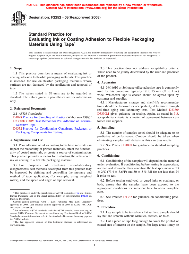 ASTM F2252-03(2008) - Standard Practice for Evaluating Ink or Coating Adhesion to Flexible Packaging Materials Using Tape