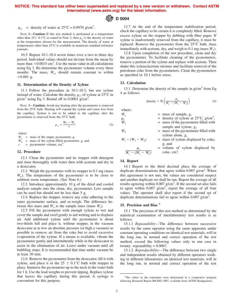 ASTM D5004-89(1999) - Standard Test Method for Real Density of Calcined Petroleum Coke by Xylene Displacement