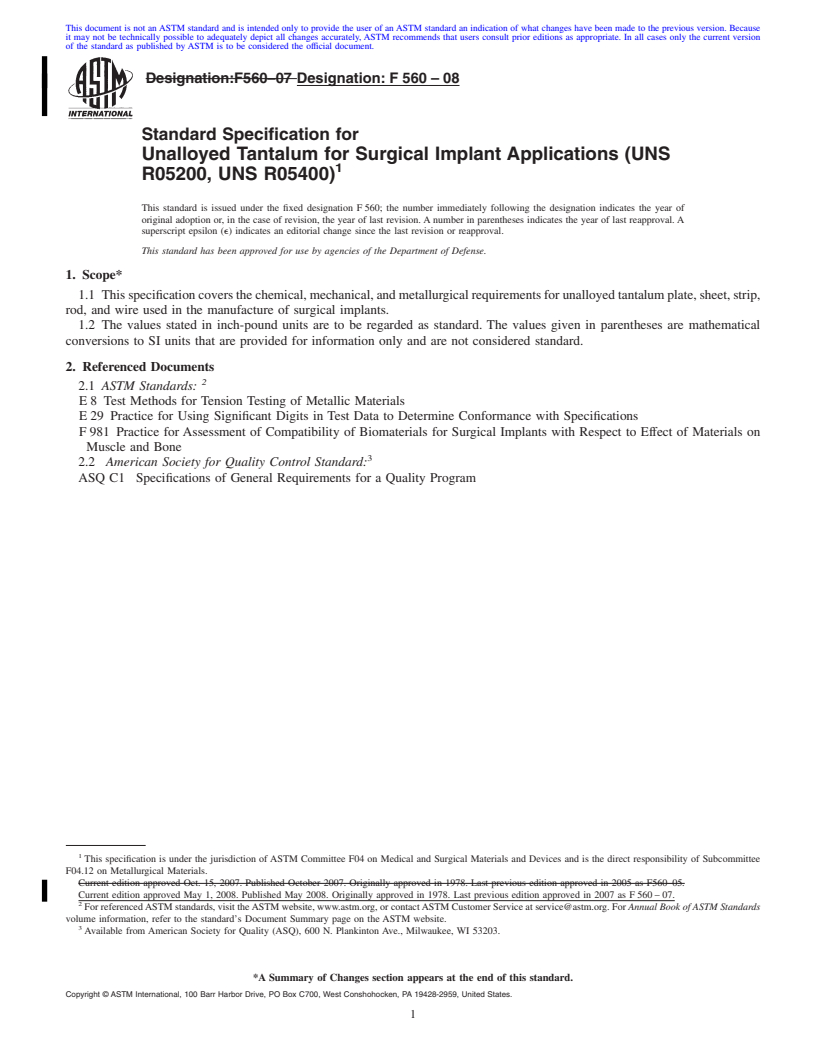 REDLINE ASTM F560-08 - Standard Specification for  Unalloyed Tantalum for Surgical Implant Applications (UNS R05200, UNS R05400)