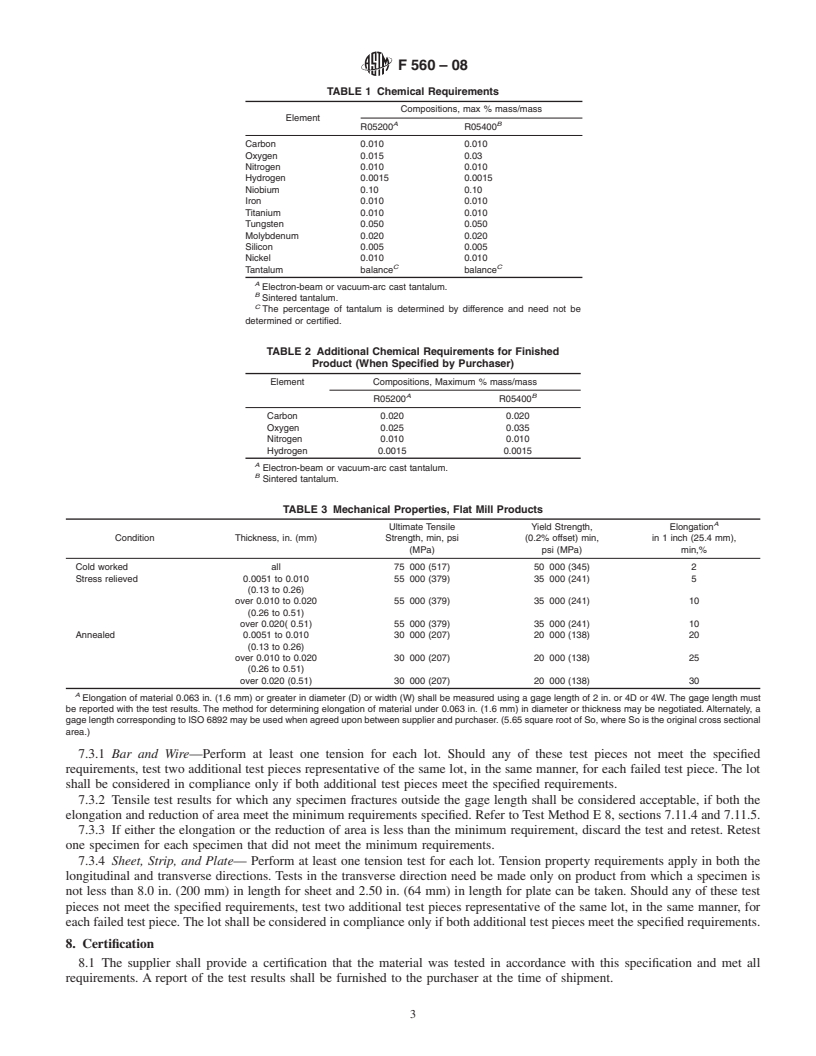 REDLINE ASTM F560-08 - Standard Specification for  Unalloyed Tantalum for Surgical Implant Applications (UNS R05200, UNS R05400)