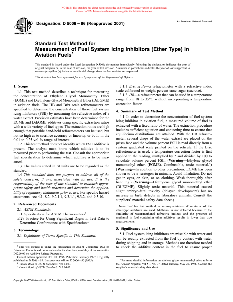 ASTM D5006-96(2001) - Standard Test Method for Measurement of Fuel System Icing Inhibitors (Ether Type) in Aviation Fuels