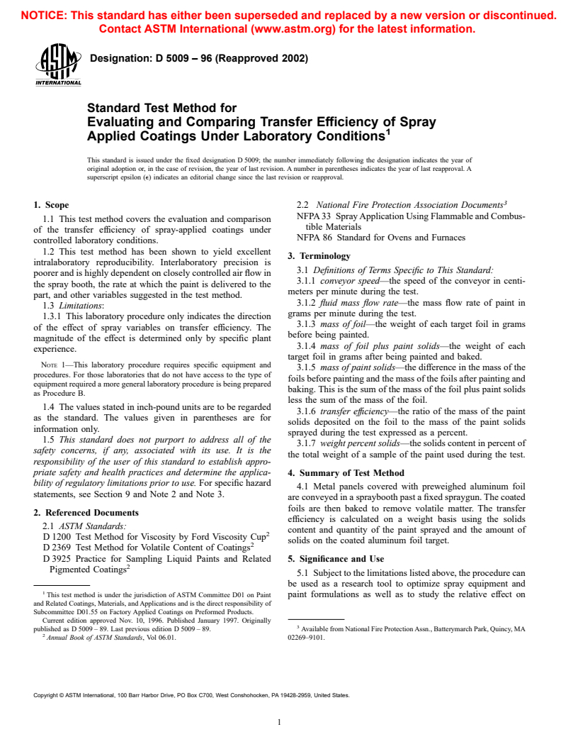 ASTM D5009-96(2002) - Standard Test Method for Evaluating and Comparing Transfer Efficiency of Spray Applied Coatings Under Laboratory Conditions