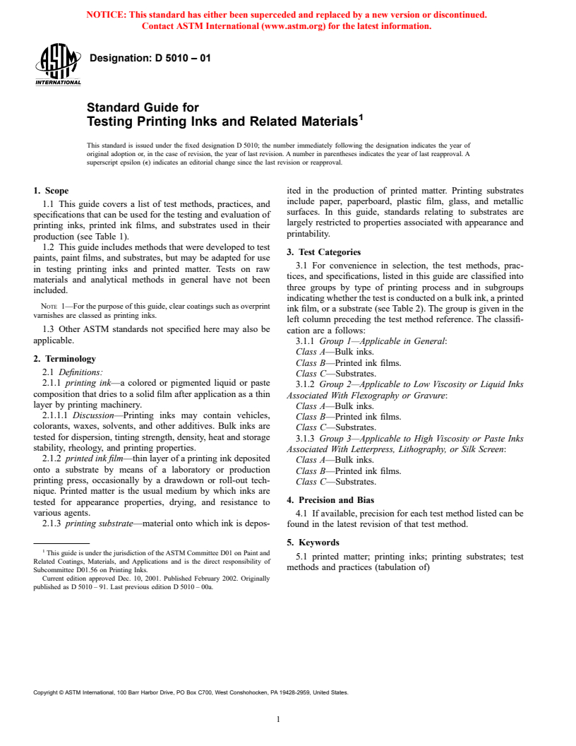 ASTM D5010-01 - Standard Guide for Testing Printing Inks and Related Materials