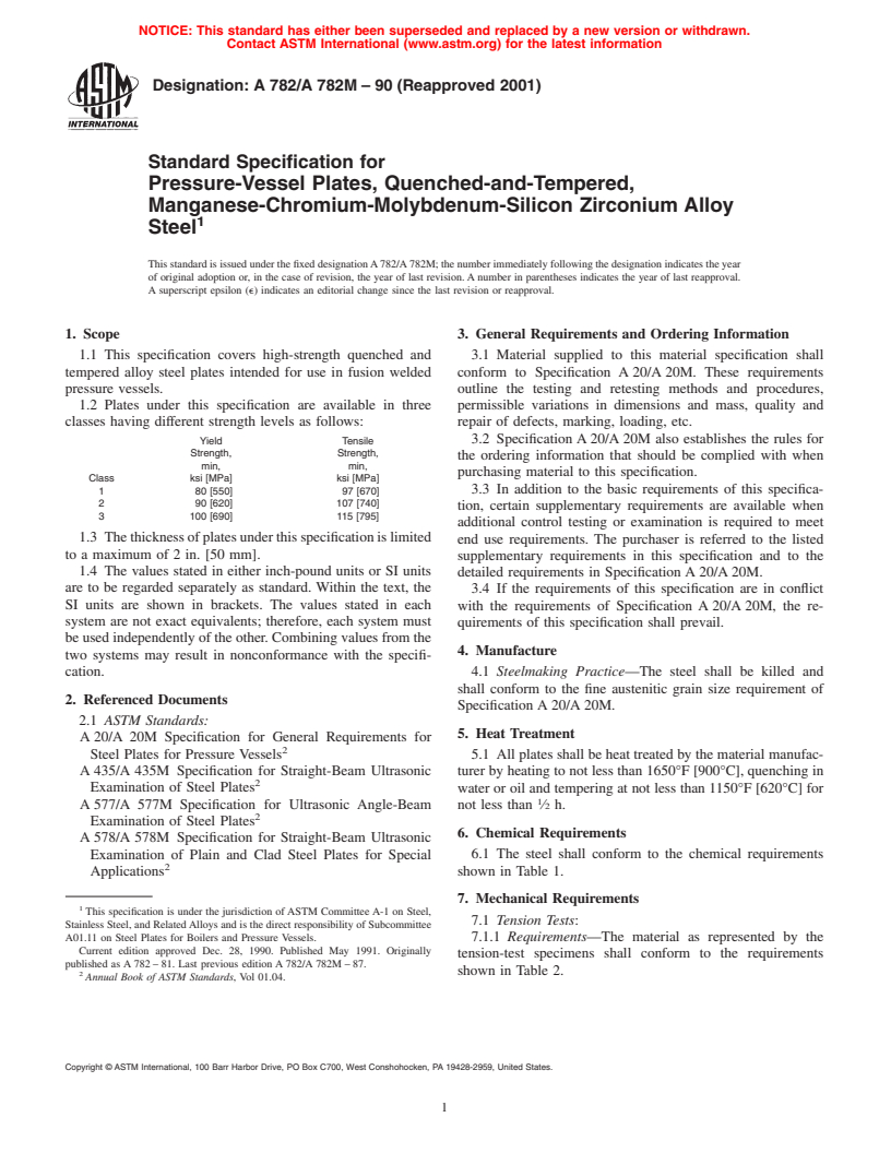 ASTM A782/A782M-90(2001) - Standard Specification for Pressure-Vessel Plates, Quenched-and-Tempered, Manganese-Chromium-Molybdenum-Silicon Zirconium Alloy Steel