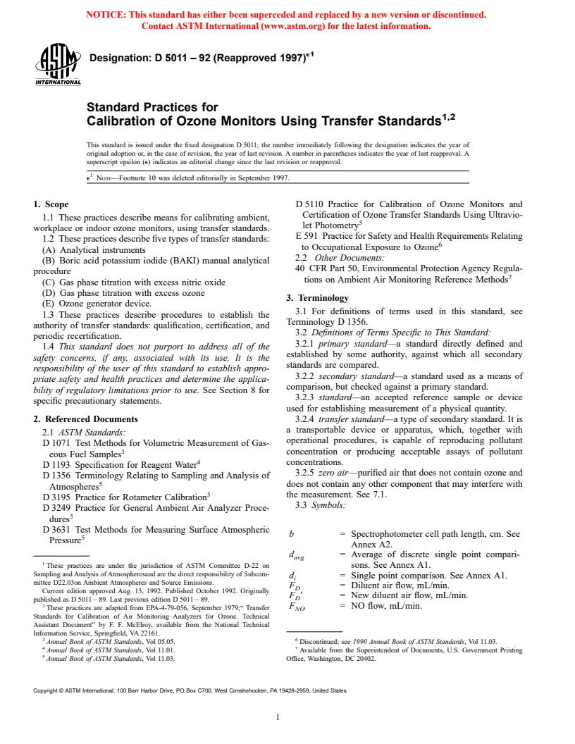 ASTM D5011-92(1997)e1 - Standard Practices for Calibration of Ozone Monitors Using Transfer Standards