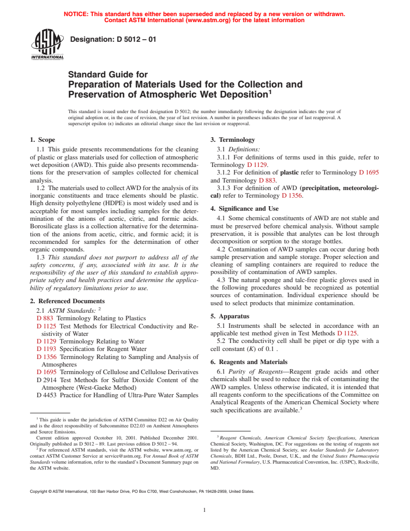 ASTM D5012-01 - Standard Guide for Preparation of Materials Used for the Collection and Preservation of Atmospheric Wet Deposition