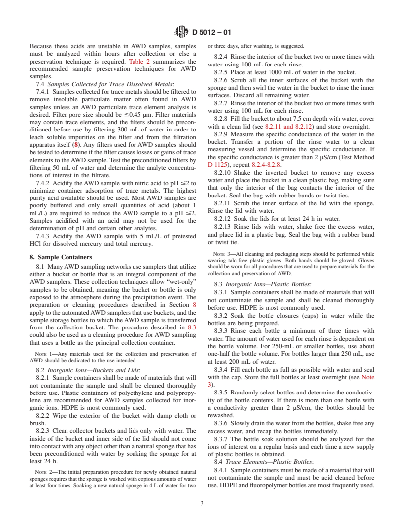 ASTM D5012-01 - Standard Guide for Preparation of Materials Used for the Collection and Preservation of Atmospheric Wet Deposition