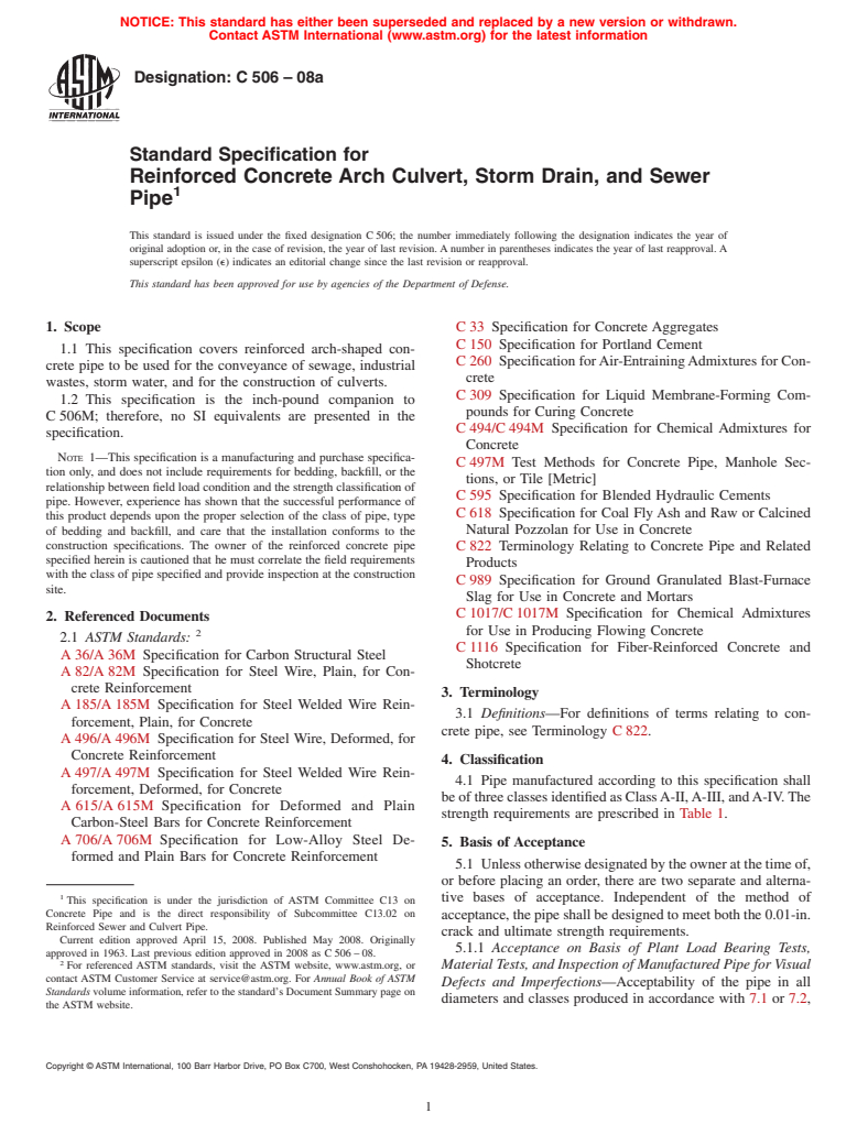 ASTM C506-08a - Standard Specification for  Reinforced Concrete Arch Culvert, Storm Drain, and Sewer Pipe