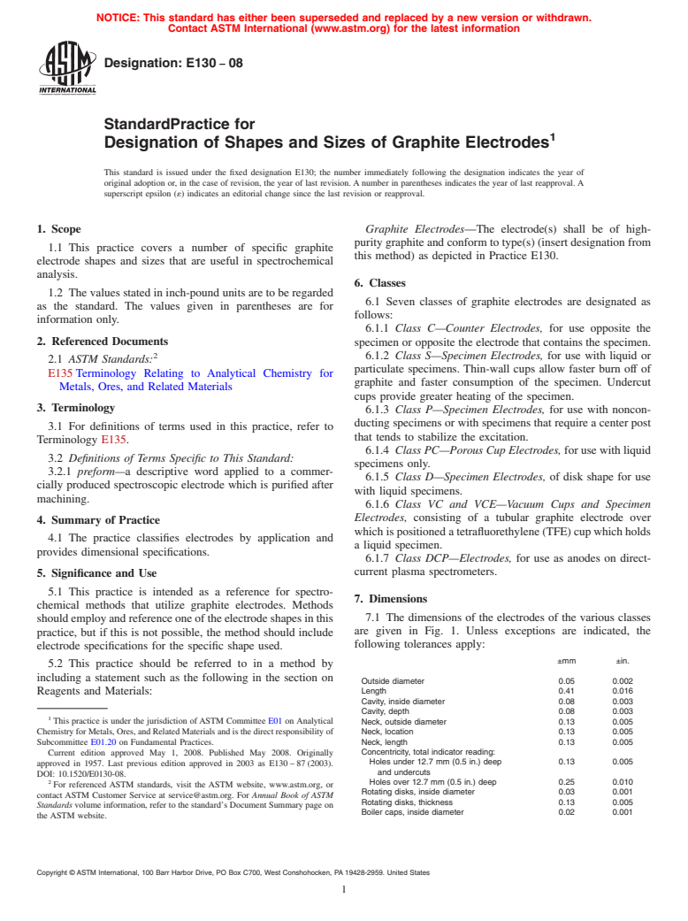 ASTM E130-08 - Standard Practice for  Designation of Shapes and Sizes of Graphite Electrodes (Withdrawn 2013)