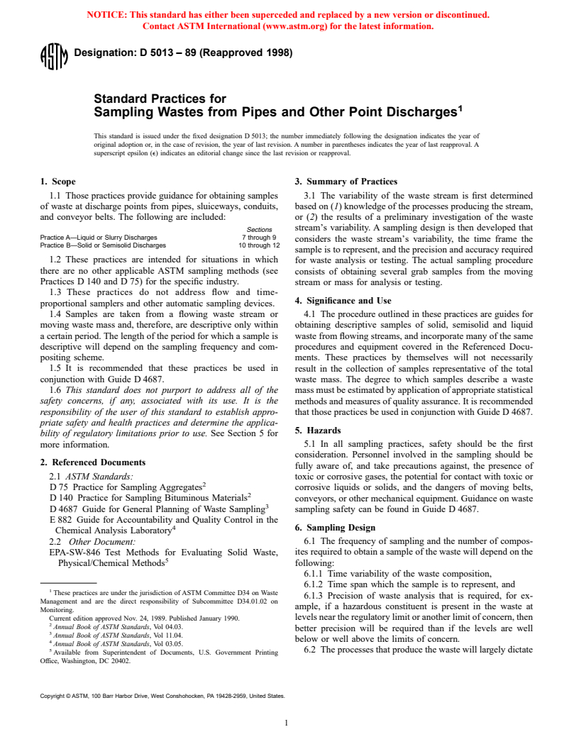 ASTM D5013-89(1998) - Standard Practices for Sampling Wastes from Pipes and Other Point Discharges