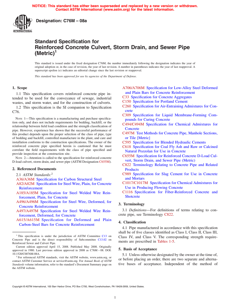 ASTM C76M-08a - Standard Specification for Reinforced Concrete Culvert, Storm Drain, and Sewer Pipe (Metric)