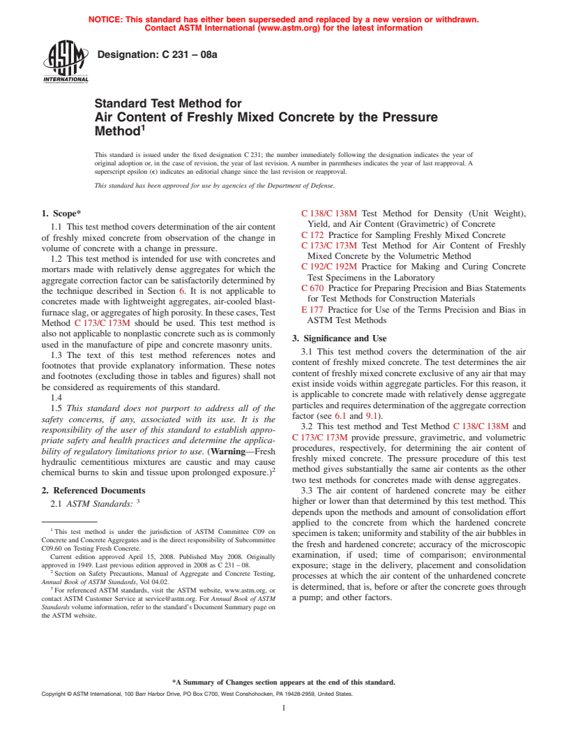 ASTM C231-08a - Standard Test Method for  Air Content of Freshly Mixed Concrete by the Pressure Method