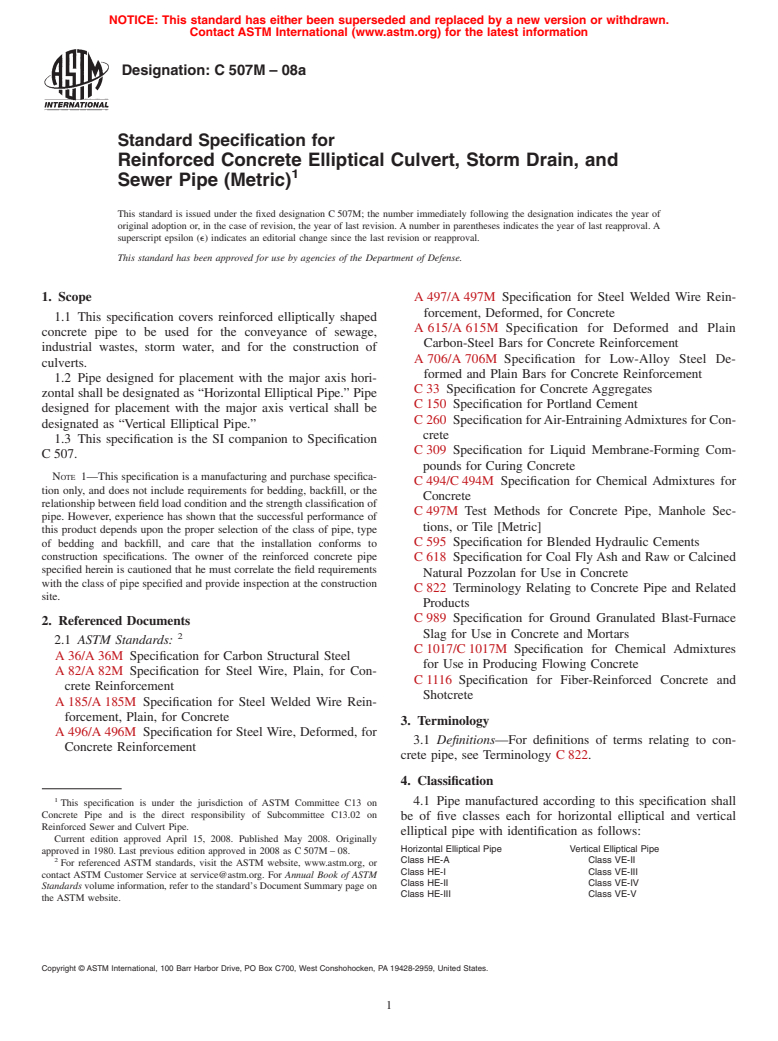 ASTM C507M-08a - Standard Specification for  Reinforced Concrete Elliptical Culvert, Storm Drain, and Sewer Pipe (Metric)