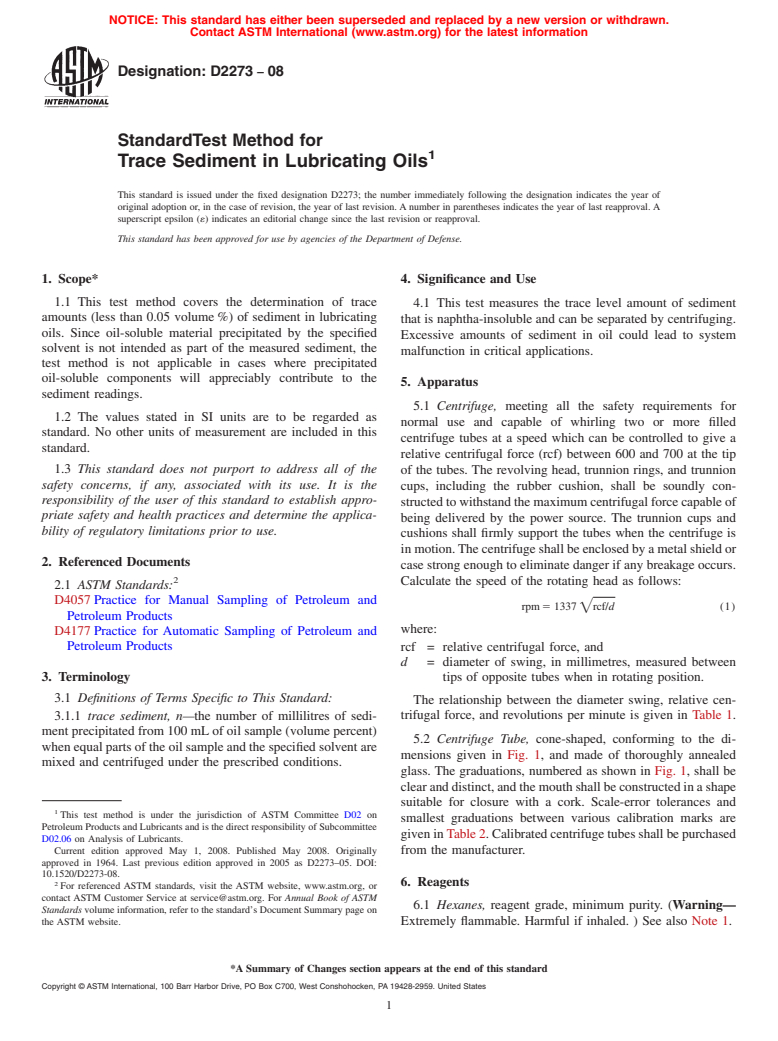 ASTM D2273-08 - Standard Test Method for Trace Sediment in Lubricating Oils