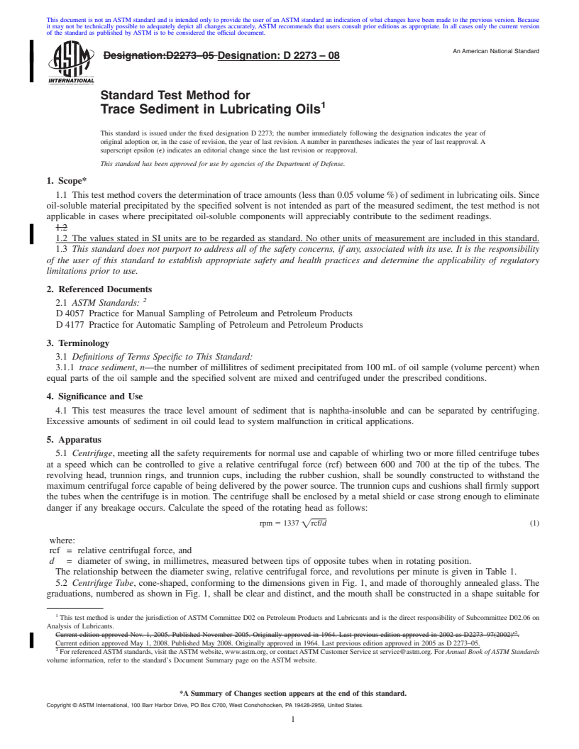 REDLINE ASTM D2273-08 - Standard Test Method for Trace Sediment in Lubricating Oils