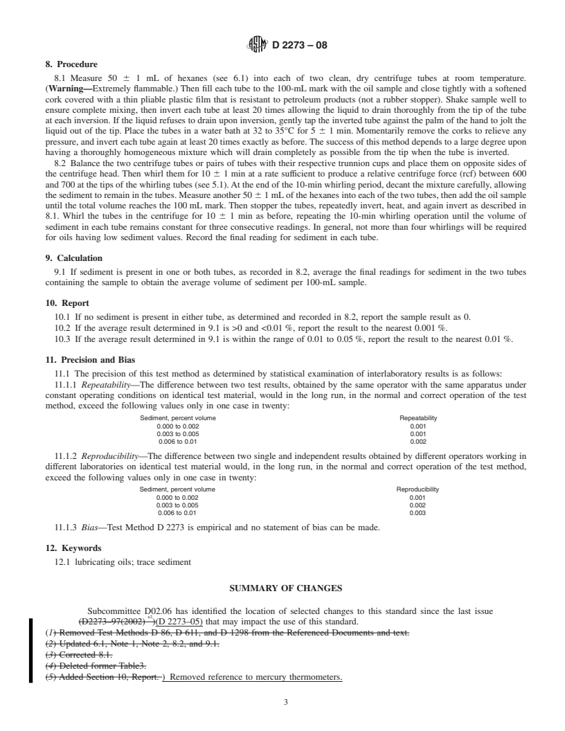 REDLINE ASTM D2273-08 - Standard Test Method for Trace Sediment in Lubricating Oils