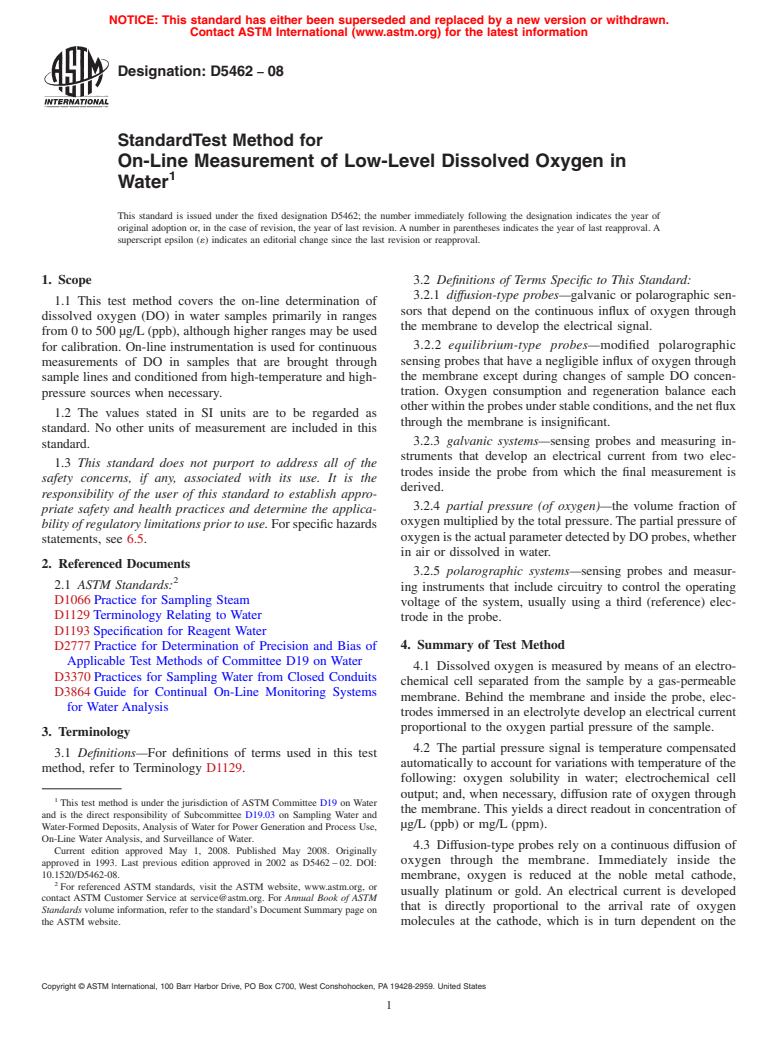 ASTM D5462-08 - Standard Test Method for On-Line Measurement of Low-Level Dissolved Oxygen in Water