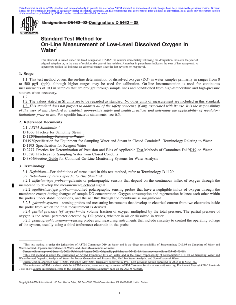 REDLINE ASTM D5462-08 - Standard Test Method for On-Line Measurement of Low-Level Dissolved Oxygen in Water