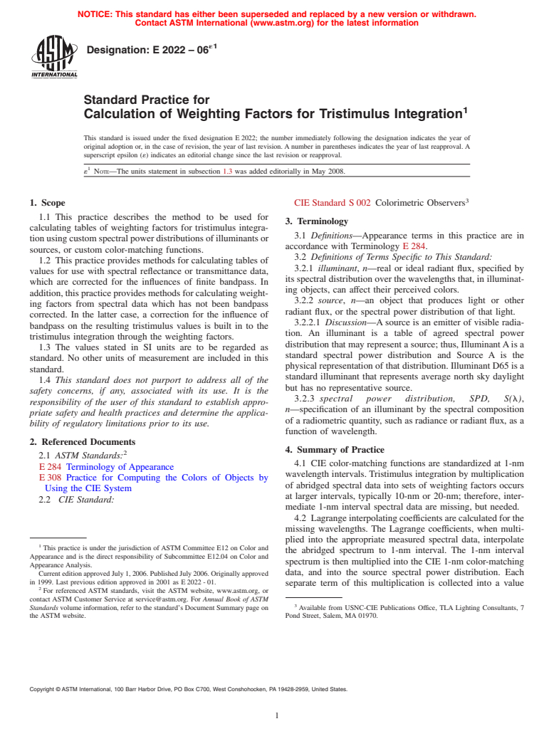 ASTM E2022-06e1 - Standard Practice for Calculation of Weighting Factors for Tristimulus Integration