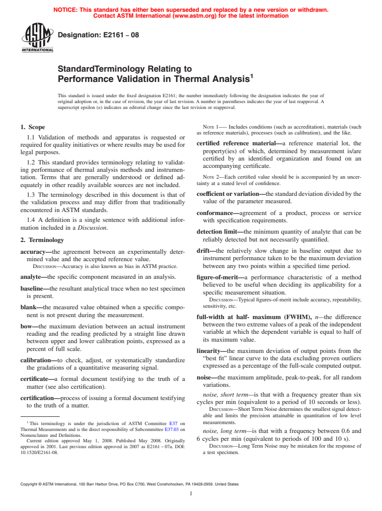 ASTM E2161-08 - Standard Terminology Relating to Performance Validation  in Thermal Analysis