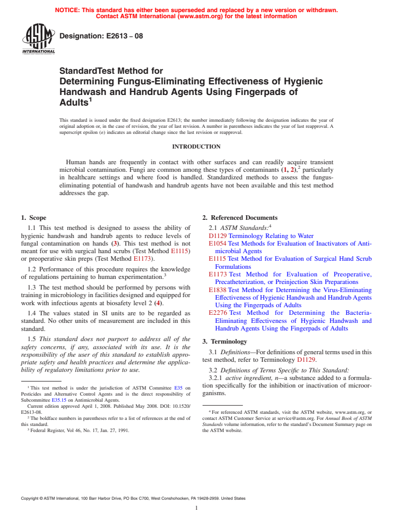 ASTM E2613-08 - Standard Test Method for Determining Fungus-Eliminating Effectiveness of Hygienic Handwash  and Handrub Agents Using Fingerpads of Adults