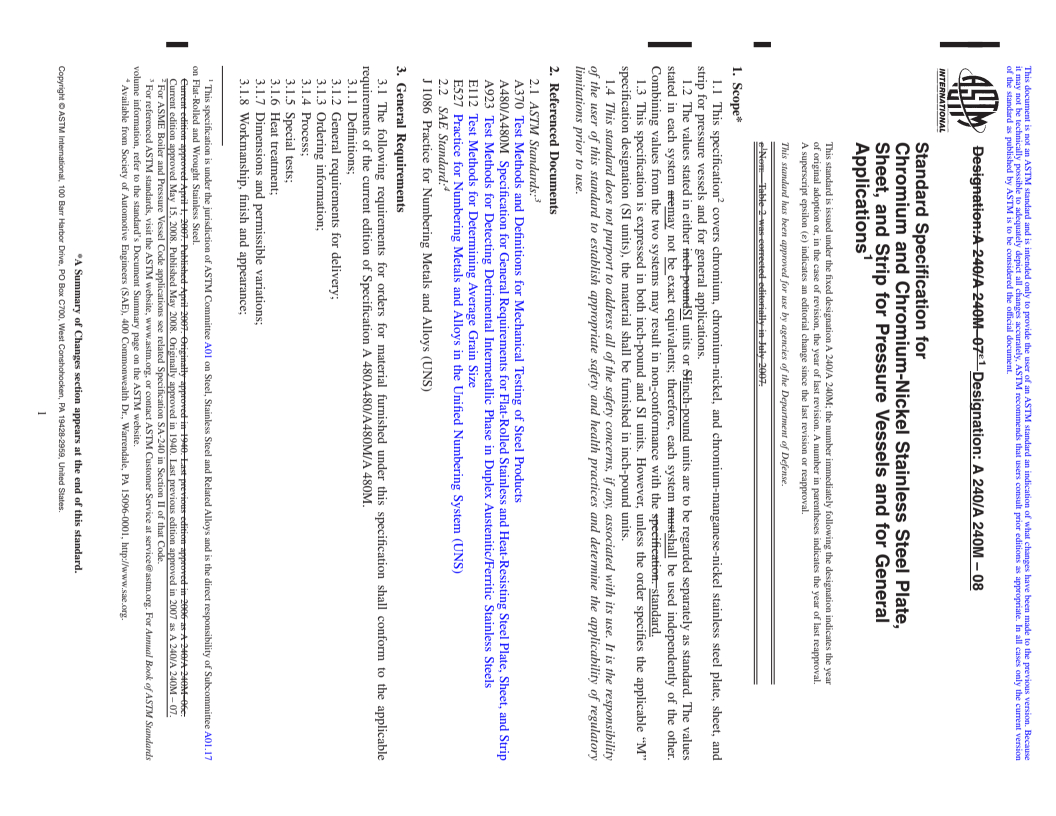 REDLINE ASTM A240/A240M-08 - Standard Specification for Chromium and Chromium-Nickel Stainless Steel Plate, Sheet, and Strip for Pressure Vessels and for General Applications