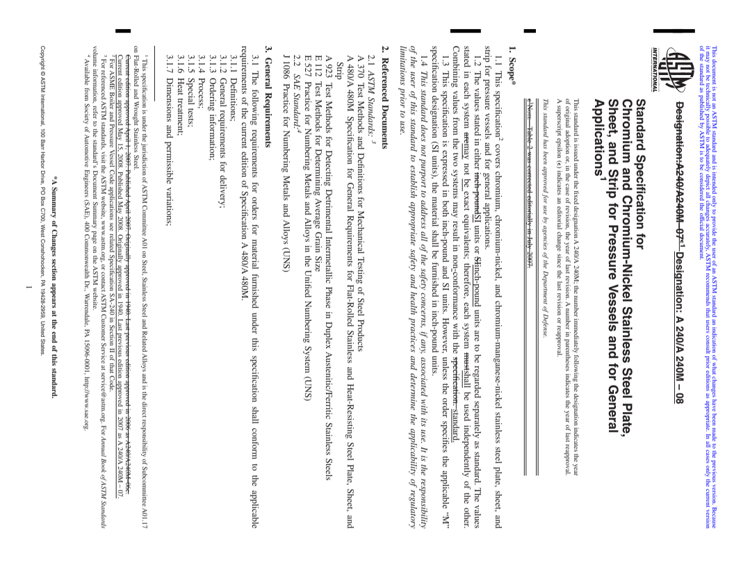 REDLINE ASTM A240/A240M-08 - Standard Specification for Chromium and Chromium-Nickel Stainless Steel Plate, Sheet, and Strip for Pressure Vessels and for General Applications