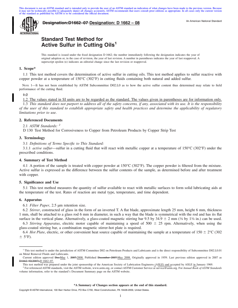 REDLINE ASTM D1662-08 - Standard Test Method for Active Sulfur in Cutting Oils