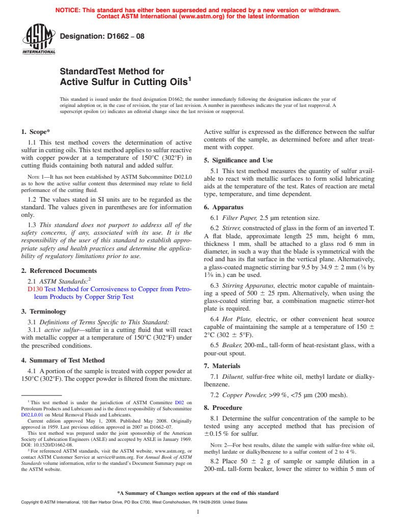 ASTM D1662-08 - Standard Test Method for Active Sulfur in Cutting Oils