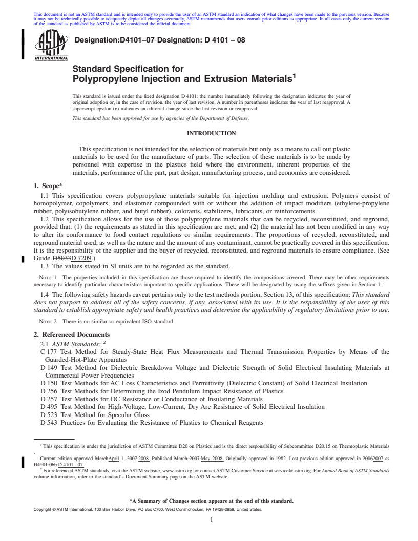 REDLINE ASTM D4101-08 - Standard Specification for Polypropylene Injection and Extrusion Materials